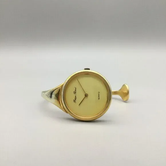 Philippe Pechard Modern Cuff Watch Women 30mm Gold Tone 7775-G New Battery